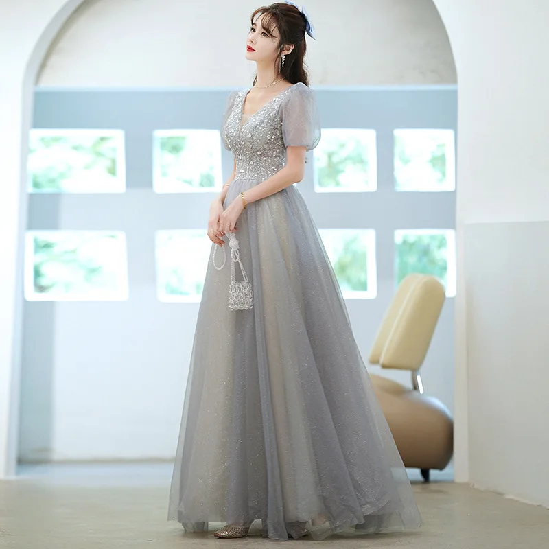 

Sexy V-Neck Sequins Applique Chiffon Evening Dress Back Bandage Formal Gowns Cheongsam Robe De Soiree Vestidos Size XS-3XL