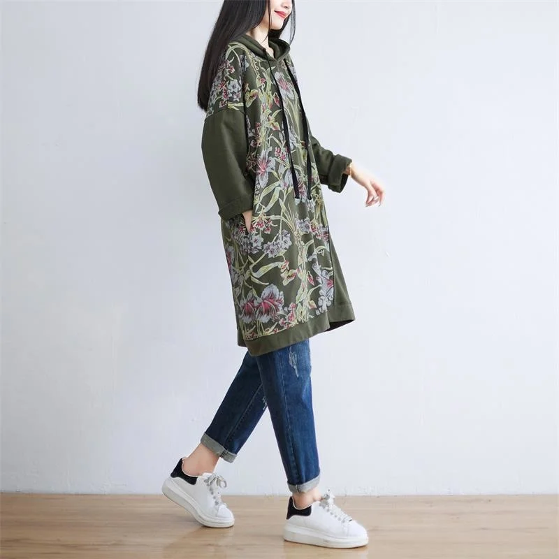 Masss Wasss 2021 Autumn Green Hooded Printed Punk Sweatshirt Womens Loose Casual Long Hoodies Female Flowers Harajuku Clothes