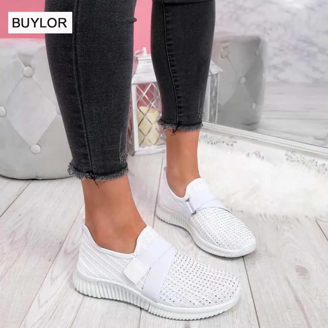 Modne buty damskie płaskie miękkie dno Mesh oddychające codzienne tenisówki Rhinestone pojedyncze buty duże rozmiary damskie obuwie sportowe