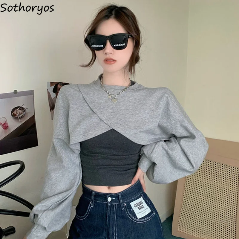 Short-style Sweatshirts Women Loose Simple Solid Irregular Casual Baggy Lantern Sleeve Bolero Dance Hip Hop Crop Tops Streetwear