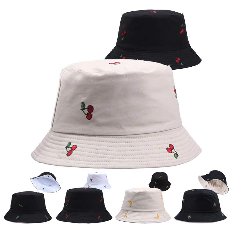 Double-side Embroidery Fruit Bucket Hat Banana Cherry Cactus Pineapple Pattern Panama Hat For Women Men Outdoor Travel Cap YD094