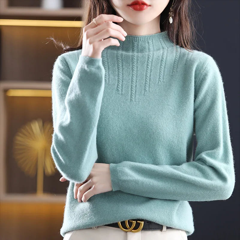 

100% Pure Wool Sweater Women Fashion Half High Collar Pullover Autumn Winter Warm Casual Knit Cashmere Tops Female Twist Jacket