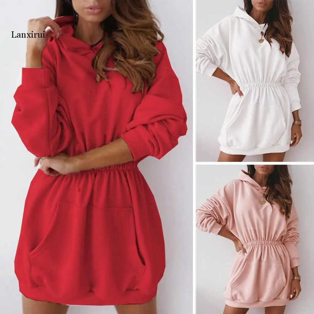 Women Casual Winter Solid Color Pullover Dress Long Sleeve Hoodie Sweatshirt