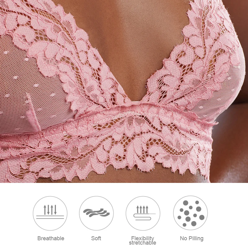 Sexy Bralette Dot Mesh Bra Women See Through Bras Transparent Crop Top Fashion Lace Underwear Women Brassiere Pink Lingerie