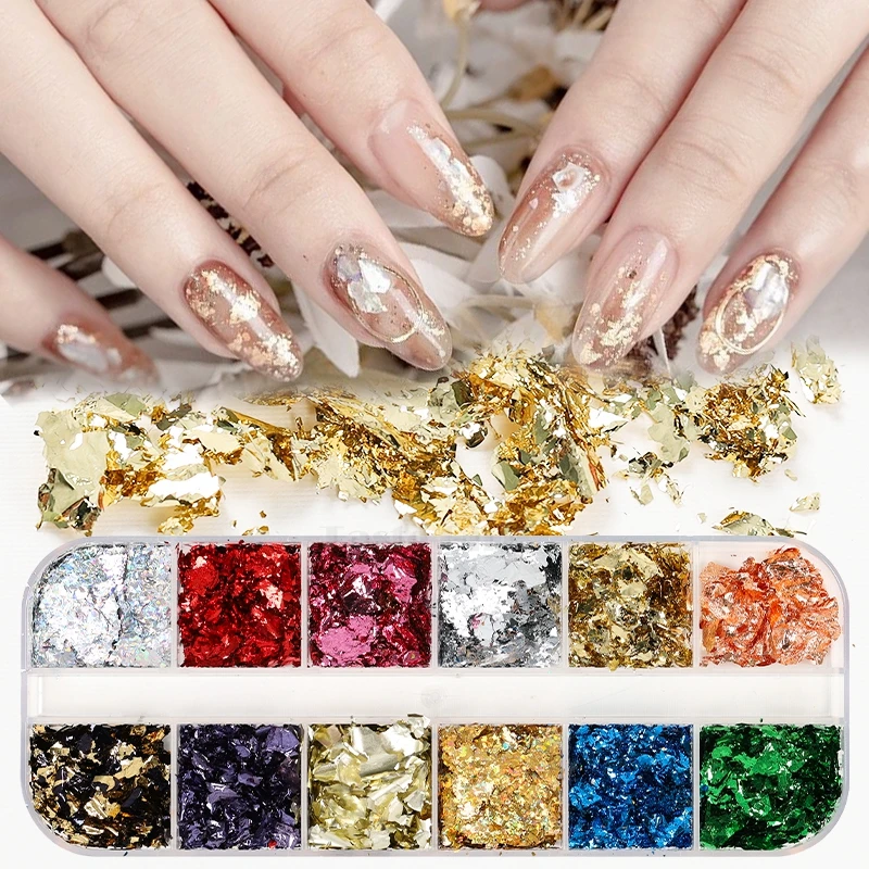 

12 Grids Multi-Colroed Rose Gold Silver Leaf Flakes Confetti Foil Paper Stripes Powder Nail Art Decoration DIY Party Supplies