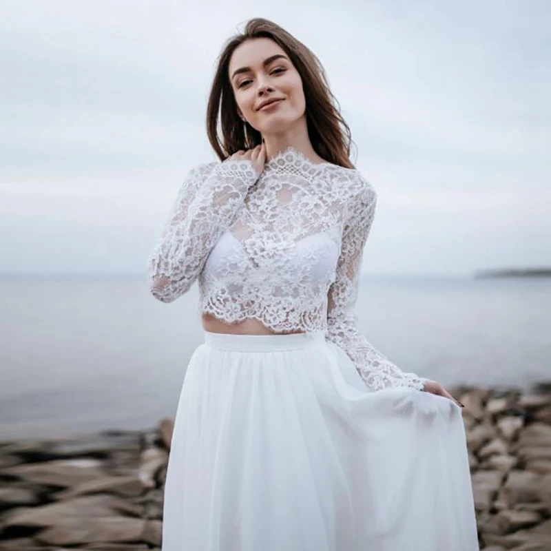 Beach Long Sleeves Wedding Dresses Chiffon Two Piece Top Lace A-Line Elegant Bridal Gowns Country Style Sweep Train Robe Dress