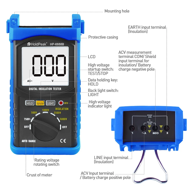 HoldPeak HP-6688B High Quality Digital 5000V 1999 Auto Range Insulation Resistance Tester Insulated Portable Tester Data Hold