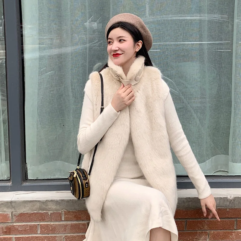 High Quality Slim Women Jacket White Artificia Mink Fur Velvet Female Vest Super Warm Soft Thicken Casual Short Coat