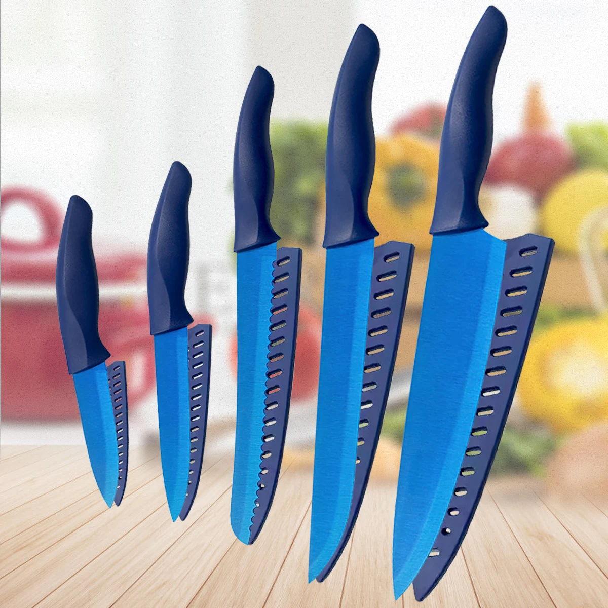 5pcs Kitchen Knives Set Stainless Steel Blue-plated Titanium Cleaver Chef Knives Set Meat Cleaver Fruit and Vegetable Knife