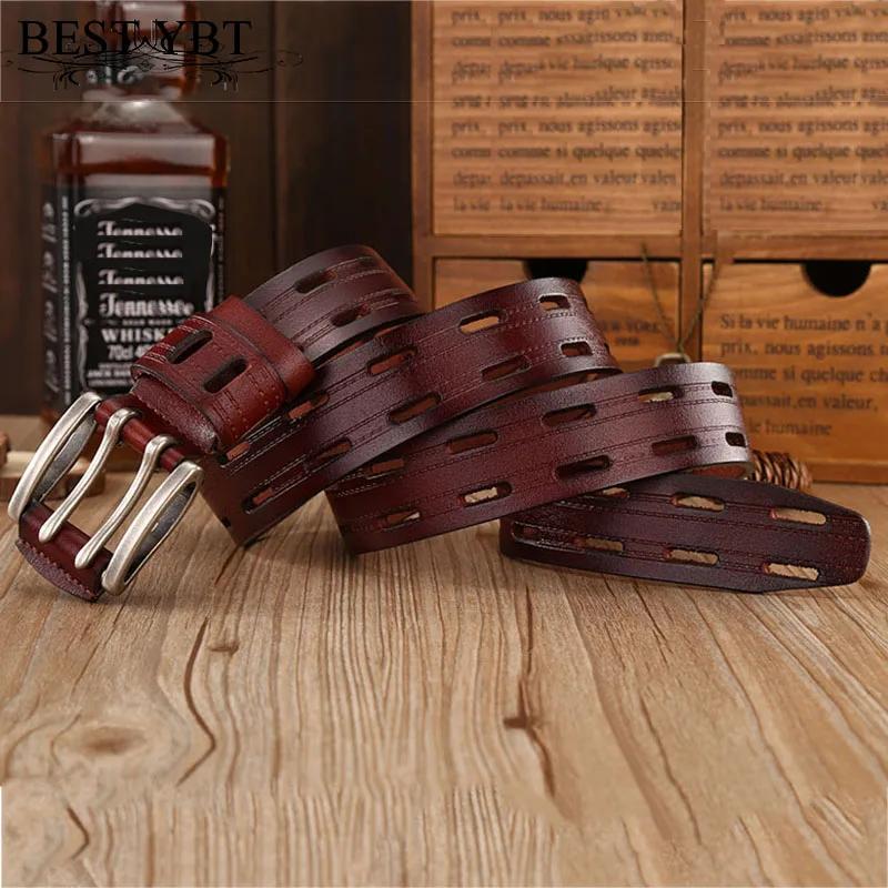 Best YBT High Quality Genuine Leather Belts for Men Brand Strap Male Double Pin Buckle Fancy Vintage Jeans Cowboy Belts