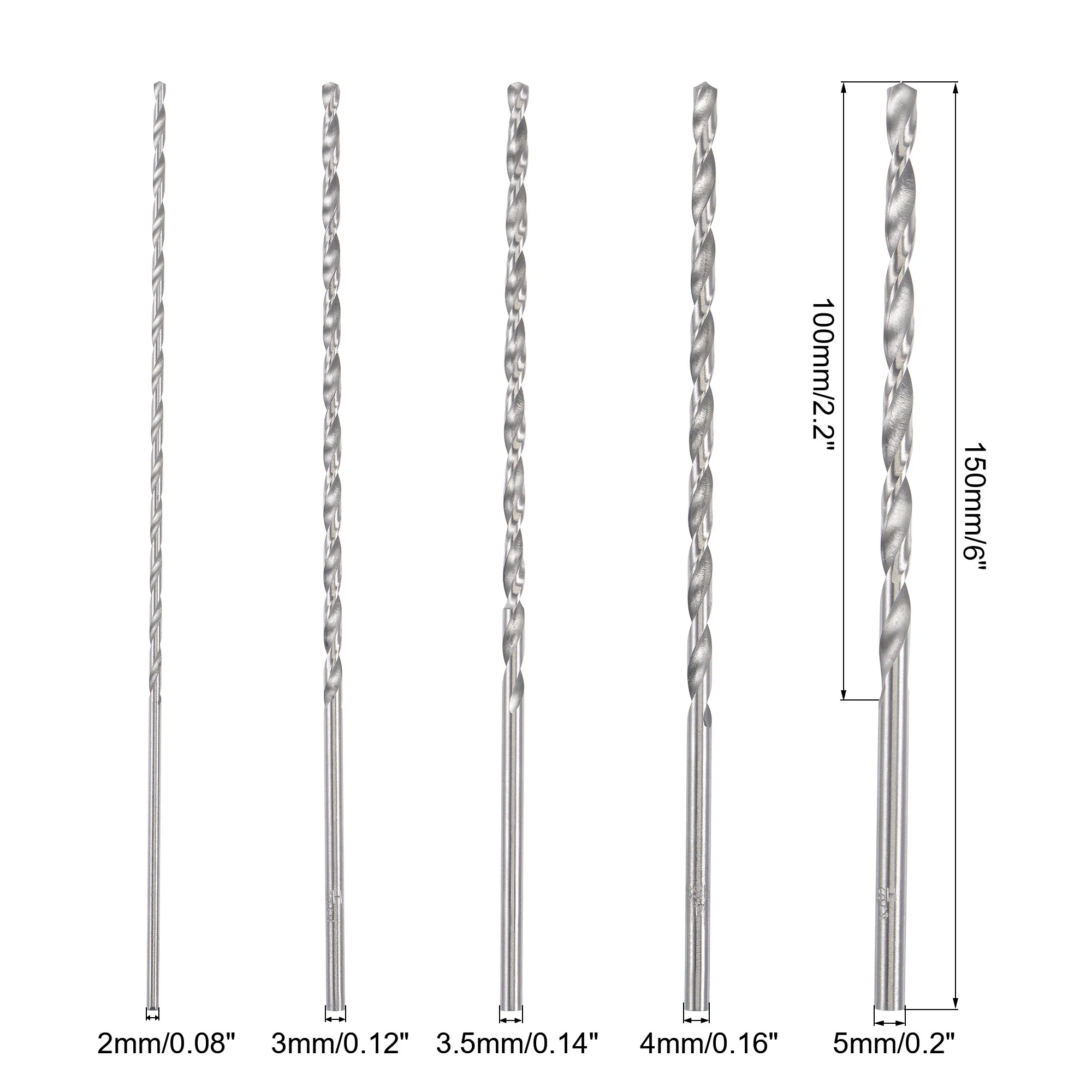 Uxcell 6-Inch Lengthen Twist Drill Bit Set High-Speed Steel 2mm - 5mm Drilling Dia 150mm Total Length