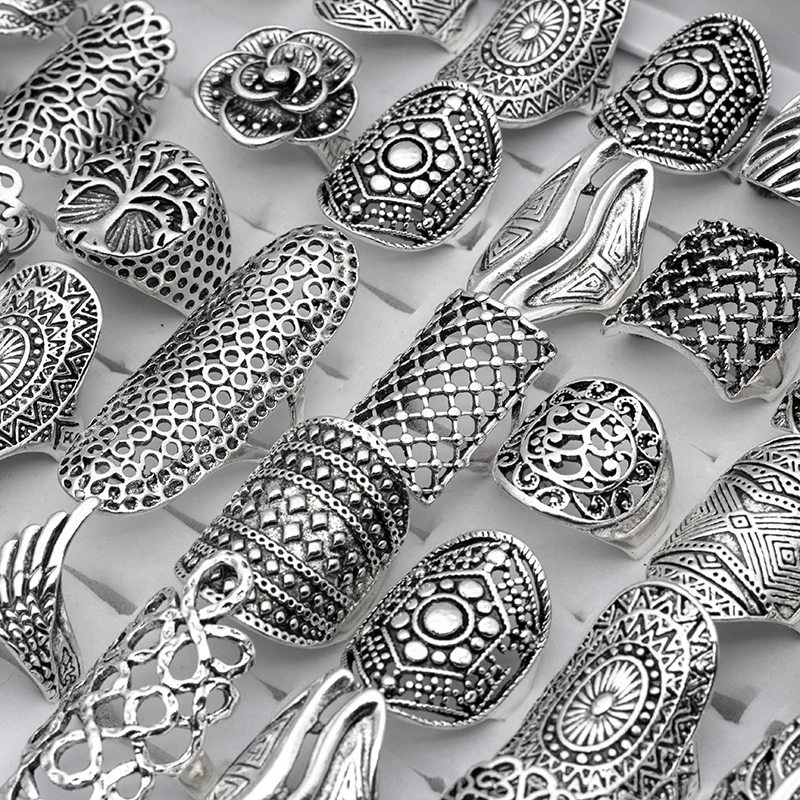 Wholesale 20pcs/Lots Mix Style Vintage Carved Flower Silver Plated Jewelry Rings For Women Size 17mm to 21mm