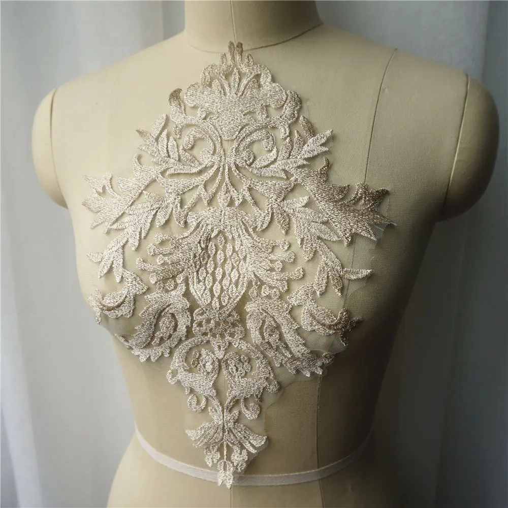 Gold Thread Lace Fabric Flora Embroidered Wedding Gown Appliques Baroque Collar Sew Patch For Dress DIY Decoration