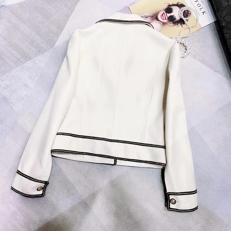 Spring And Autumn 2024 New Arrival Short Length Women Coat Real Sheepskin Jacket Turn-Down Collar Striped Decoration