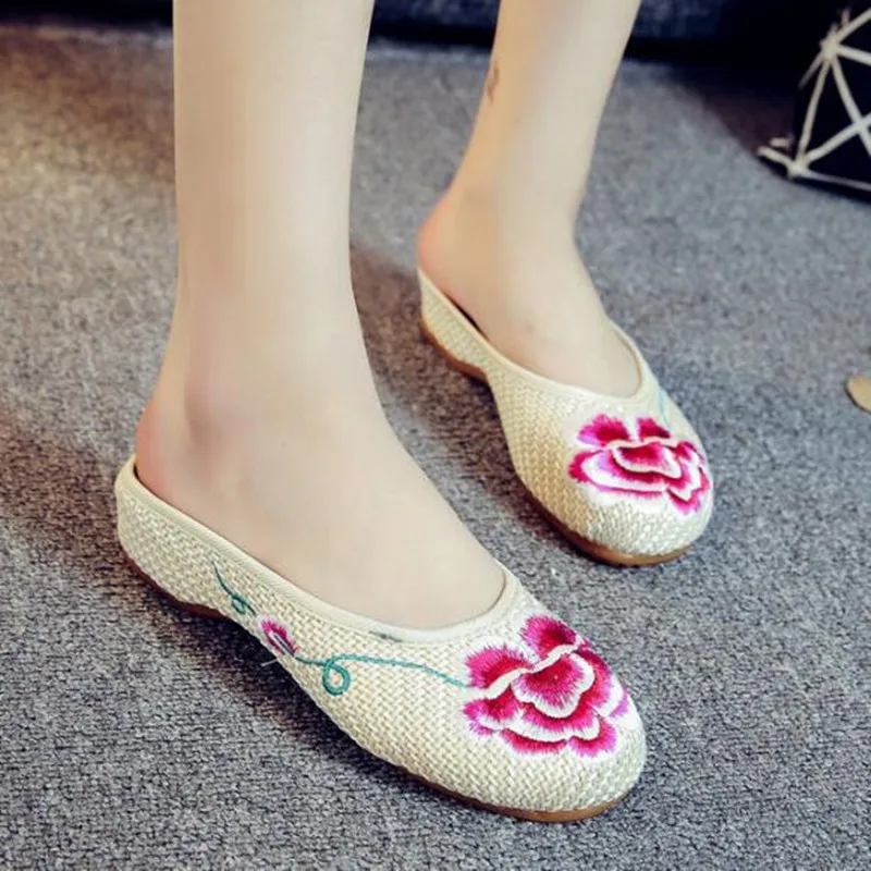 Special Offer Women\'s Summer Canvas Slipper Floral Embroider Breathable Casual Slides Flat Heel Walking Shoe Standard Size