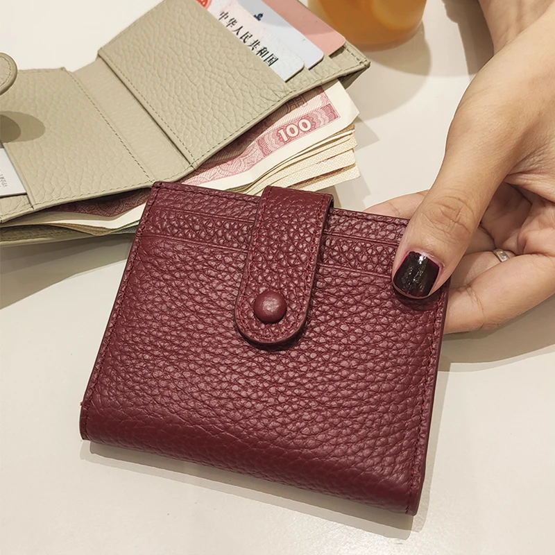 Full Grain 100%  Cow Leather Multi  Card Holder Wallet Womens Fashion Slim Snap Button Cash Pocket Purse with Zipper Coin Pocket