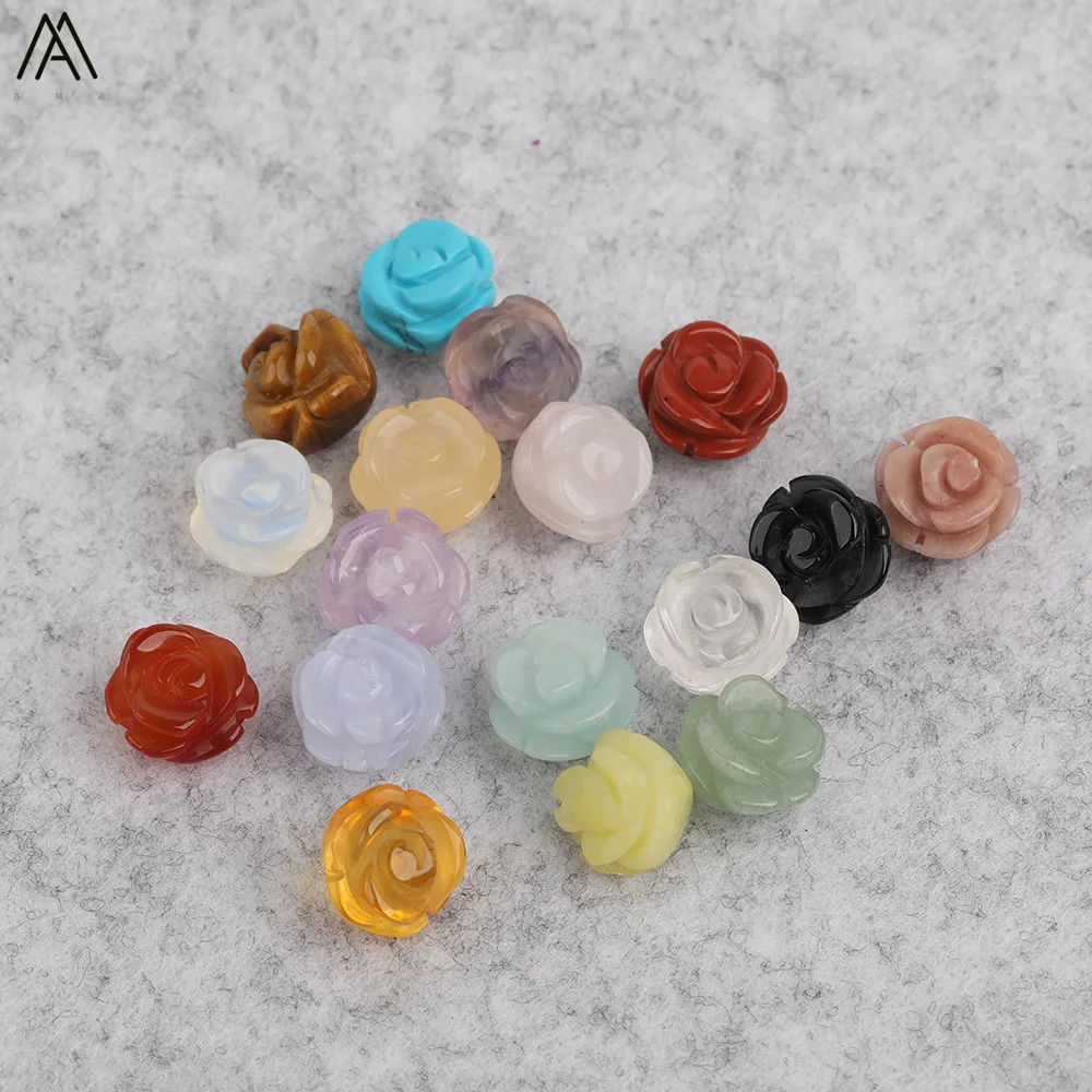 15pcs/lot 10mm Natural Agates Lapis Fluorite Stone Quartz Crystal Carved Rose Flower Shape Earring Beads For Jewelry DIY Making