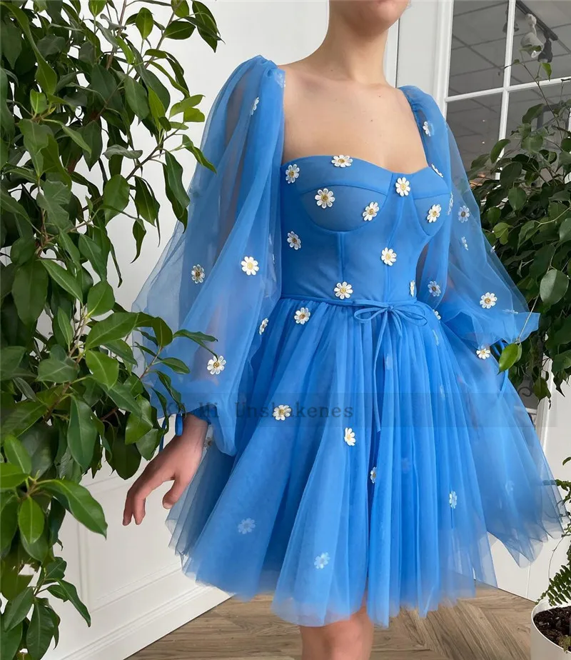 Blau Prom Kleider 2021 Puff Langarm Party Promi Kleid für Graduation Spitze Cocktail Kleid Über Dem Knie