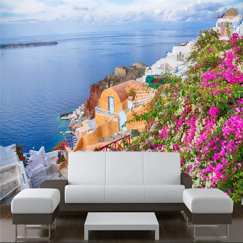 Santorini Eiland Griekenland Heldere Gekleurde Bloemen Foto Wallpapers Voor Woonkamer Mediterrane Muurschildering 3D Muur Papers Home Decor