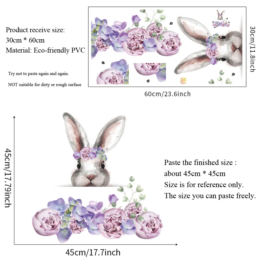 Cartoon Bunny Flowers Wall Sticker Bedroom Background Decoration Wallpaper Living Room Cupboard Home Decor Self-adhesive Decals