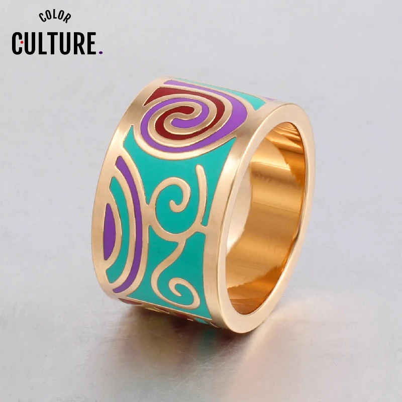 Color Culture 13mm Width Women Geometric Patterns Gold Stainless Steel Art Big Rings  Trendy Party Metal Enamel Jewelry