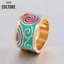 Color Culture 13mm Width Women Geometric Patterns Gold Stainless Steel Art Big Rings  Trendy Party Metal Enamel Jewelry