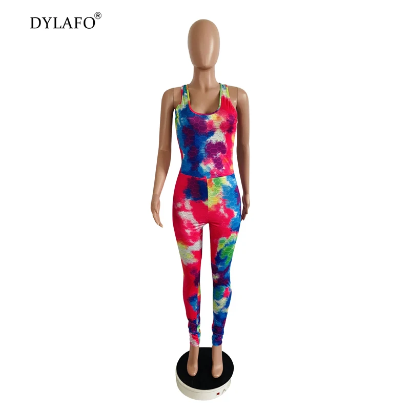 Summer Sexy Women Tie-dye Printed Jumpsuit V-Neck Sleeveless High Stretch Tracksuits One Piece Slim Buttock Rompers Sweatsuits