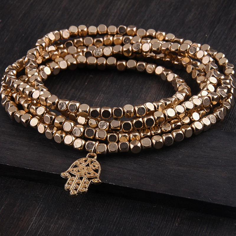 Fashion Bohemian Tribal Long Jewelry Square Beads long Halsband with Hamsa Hand Charm Necklace & Bracelet