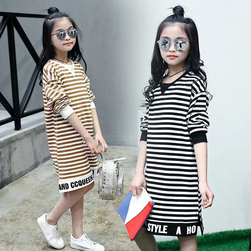 Children's Dress Girls Spring and Autumn Striped Letter  Long Casual Blouse Shirt Middle School Student Clothes 4 8 10 12 Ages