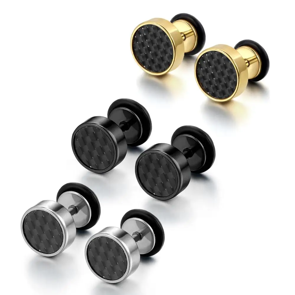 8mm Mens Black/Gold/Silver Color Stud Earrings Stainless Steel Illusion Tunnel Plug with Carbon Fiber Jewerly aretes de mujer