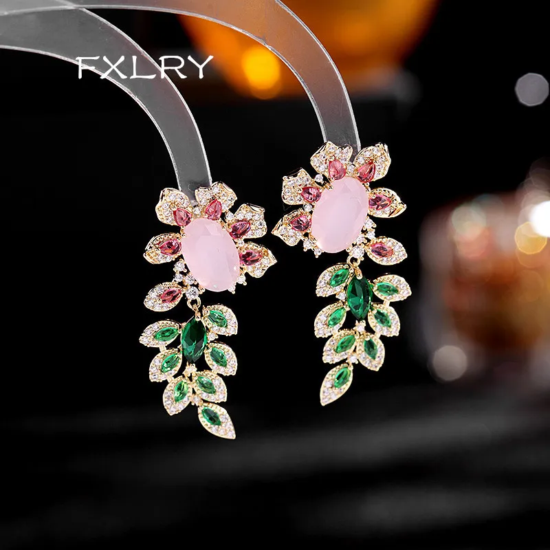 

FXLRY Fashion AAA Cubic Zirconia Green Leaf and Flower Drop Earring for Women Wedding Dinner Party Jewelry