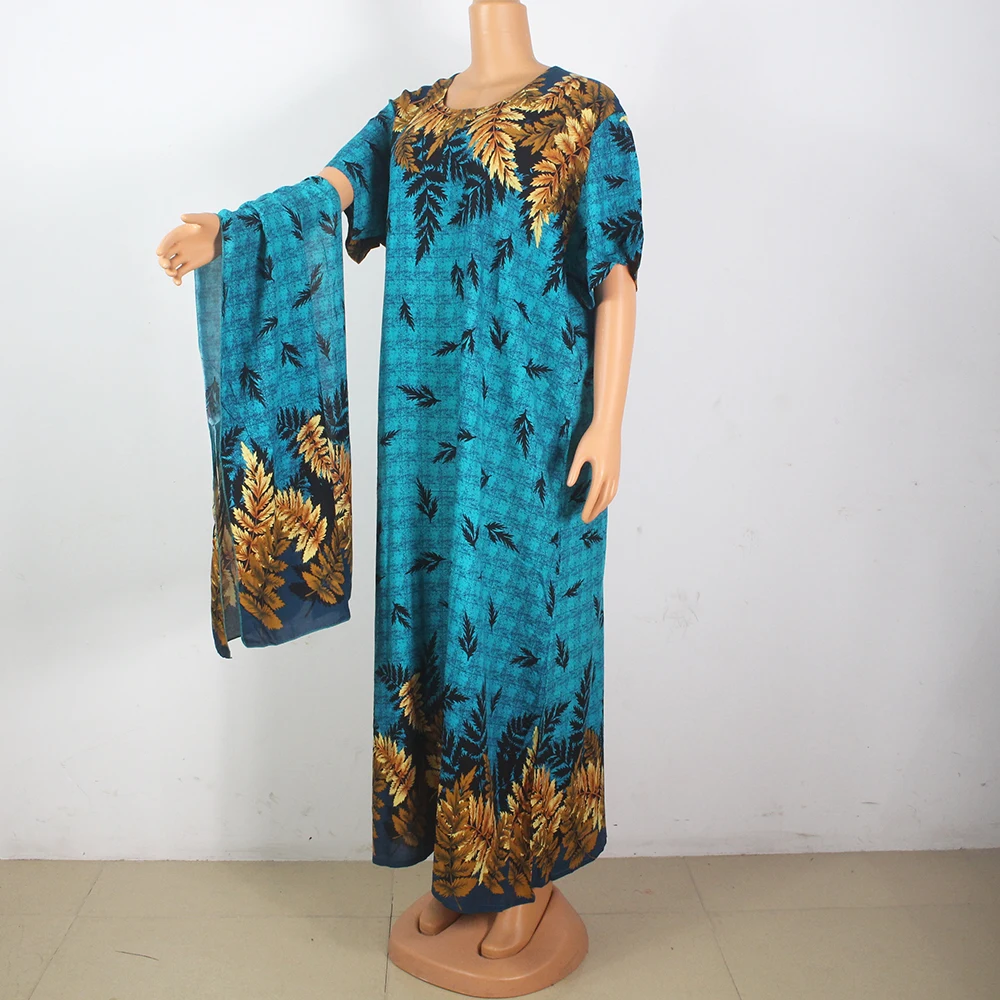 New Arrival African Dress For Women Leaf print Dashiki Floral Elegant 100% Cotton Modern Loose Dress With Scarf