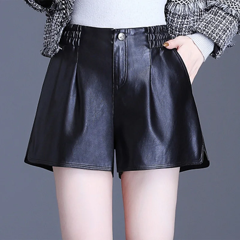 

Autumn Pu Leather Shorts High Waist Ladies Casual Shorts Artificial Leather A-line Bottoms Wide-Legged Shorts Winter Women M-5XL