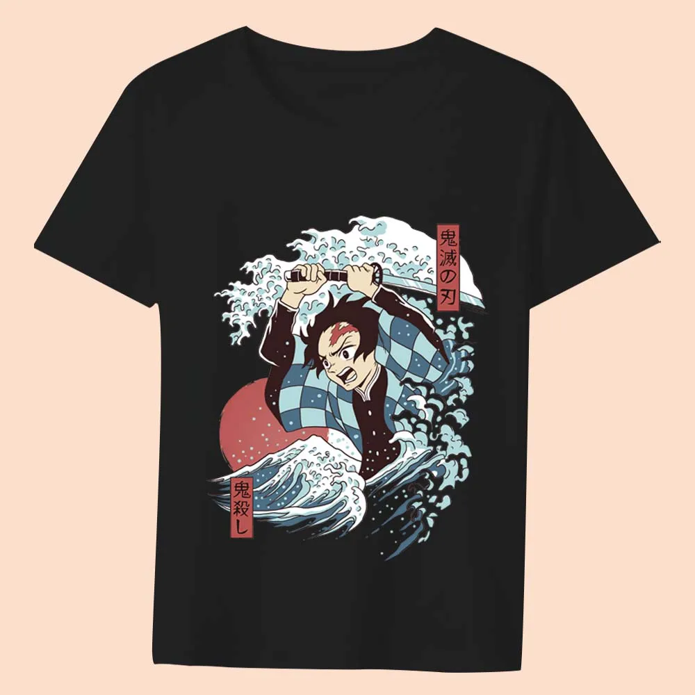 Summer Fashion Women's ese All-match T-shirt Anime Wave Print Series Shirt O-neck Comfortable Slim Soft Black Ladies Top