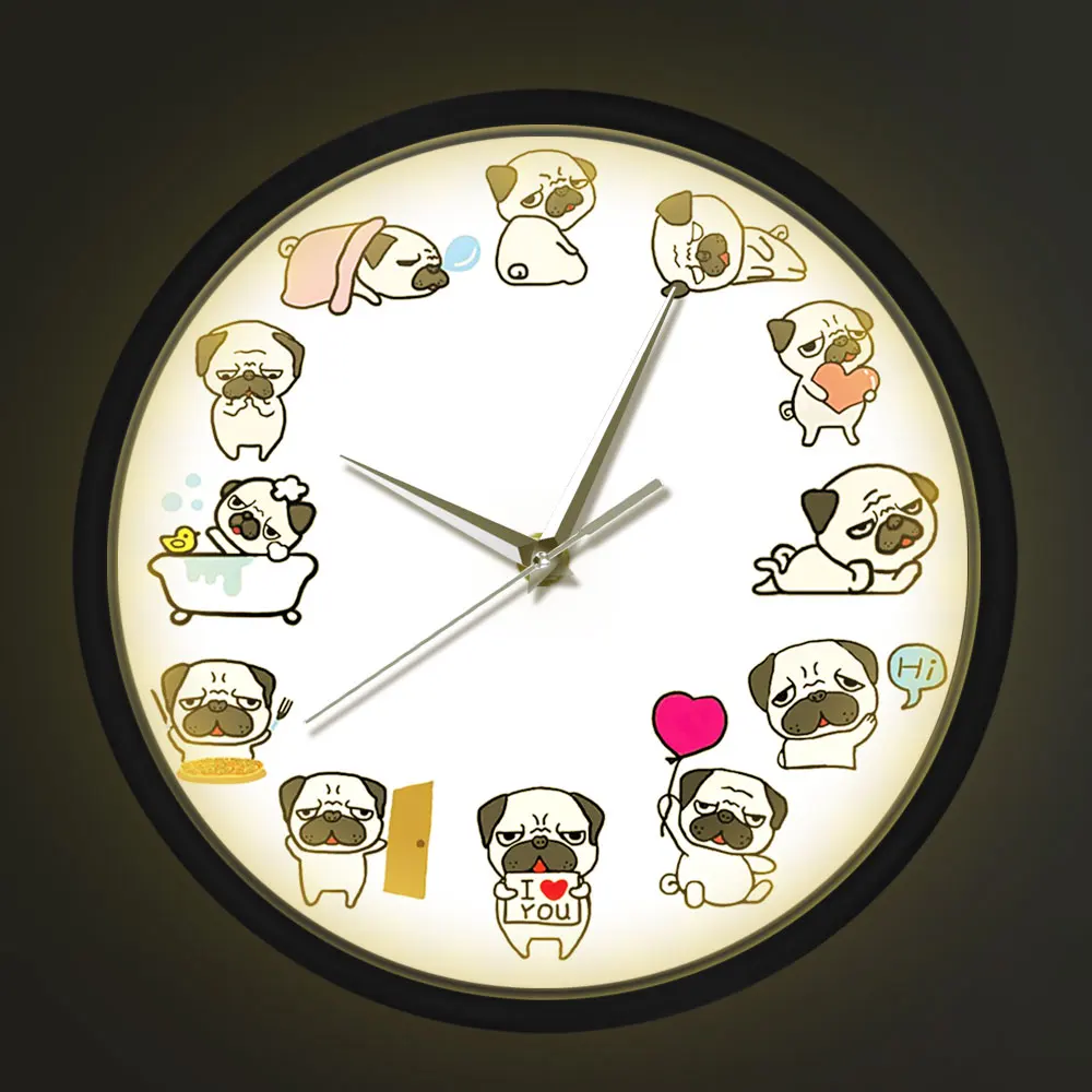 Cute Cartoon Pug Dog Metal Frame LED Wall Clock Funny Clap Sound Control Smart Clocks Watch Puppy Lover Home Decoration Horologe