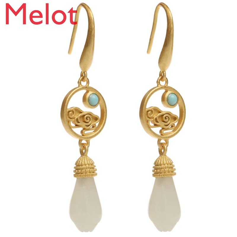 Chinese New Style Sterling Silver Hetian Jade Vintage Gold Chinese Female Elegant Earrings