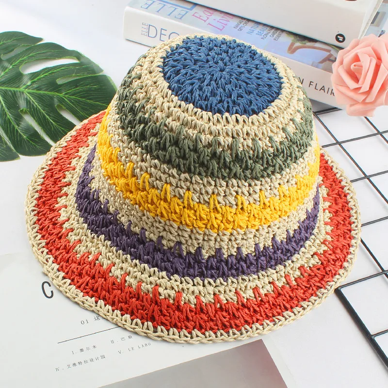 Sombrero de paja de ganchillo para mujer, visera plegable con protección UV, Arco Iris, hecho a mano, para playa, verano, 2021