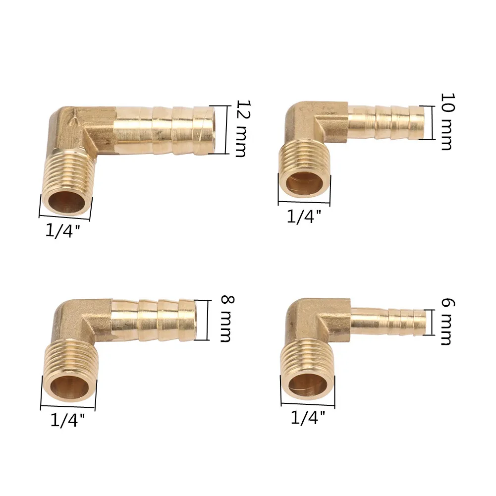 3Pcs Brass Hose Barb Fitting Elbow 6mm 8mm 10mm 12mm Tail to 1/4