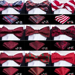 Self Bow Tie For Men Silk Butterfly Men's Tie Red Tie Lattice Hanky Cufflinks Suit Collar Removable Necktie For Wedding Party