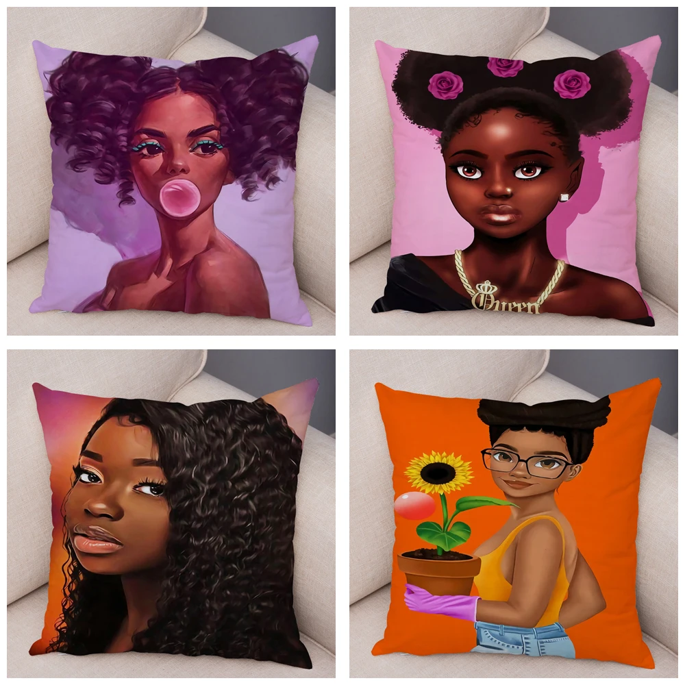 Картина 4: Мультяшный чехол для подушки с красивой Африканской девушкой, короткий Плюшевый Декоративный красочный чехол для подушки для дивана, автомобиля, домашняя наволочка для подушки, Наволочки 45x45 см