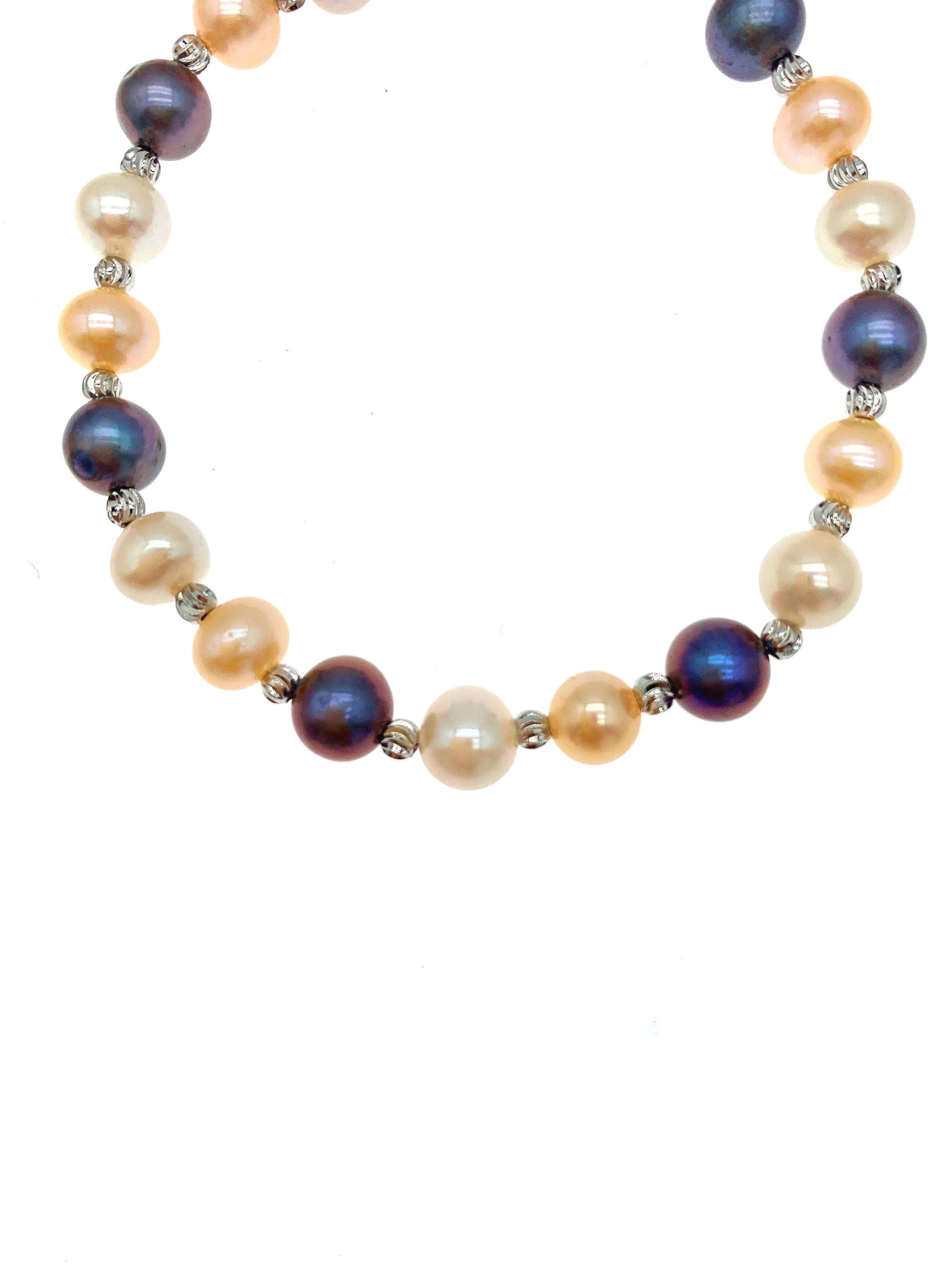 7-8mm Multicolor White Black Peach Pink Freshwater Pearls Bracelet Combination with 4mm Stainless Steel Beads For Women 7.5 Inch