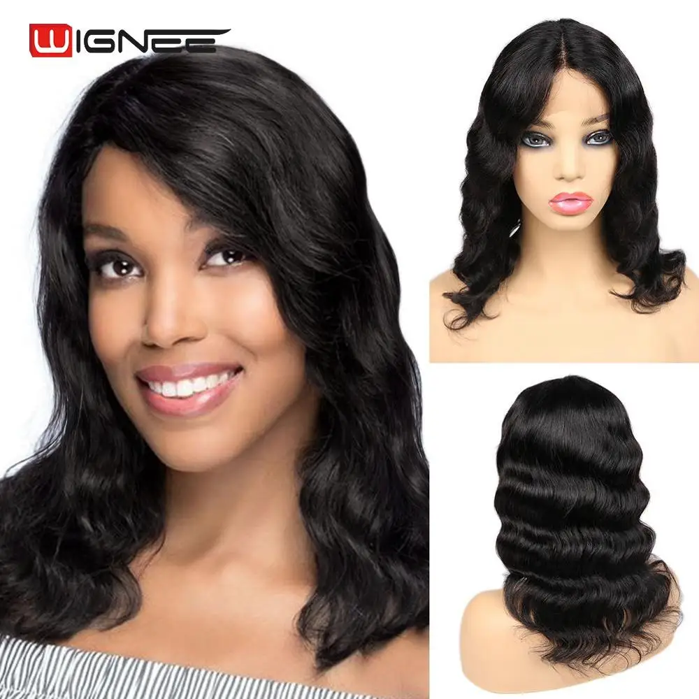 Wignee-Perruque naturelle brésilienne Remy, cheveux courts ondulés, sans colle, partie centrale, pour femmes africaines