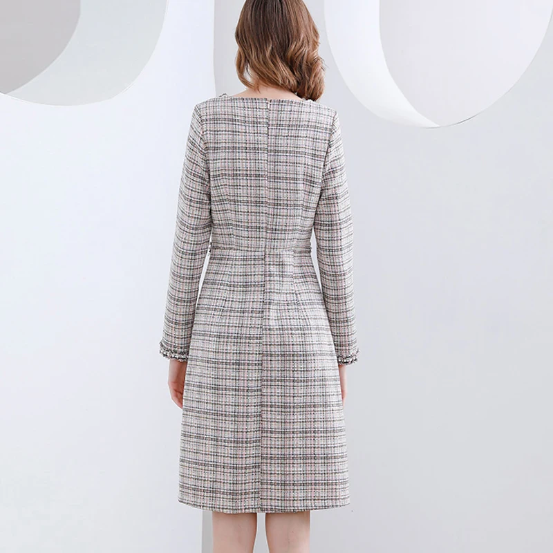 plaid tweed dress 2021spring / autumn women\'s dress fashion tweed dress A- line  One-piece Dress