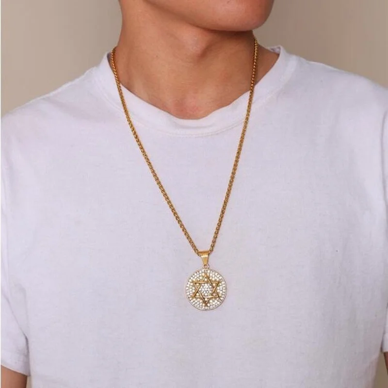 Trend Hexagram Star of David Round Medal Pendant Necklace for Men Women Hip Hop Rock Party Jewelry