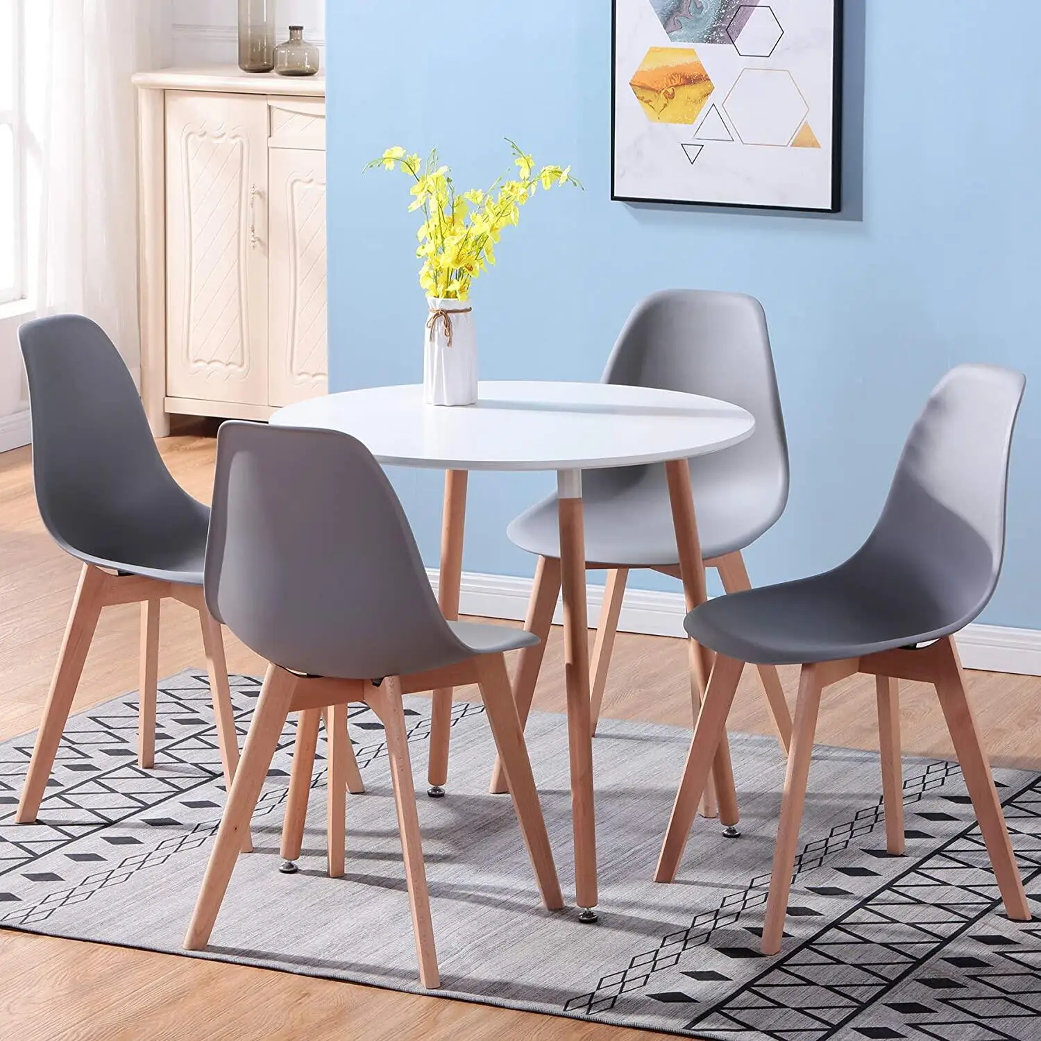 Egoonm Set mit 4 nordischen mittelalter lichen Esszimmers tühlen mit Massivholz beinen für Wohnzimmer Esszimmer Schlafzimmer Arbeits zimmer (weiß/schwarz/grau) – Detail 11