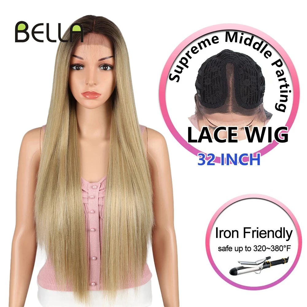 Bella Synthetic Lace Front Wig Straight Hair Transparent Lace Blonde 32 Inch Synthetic Lace Front Wigs Middle Part Wig For Women