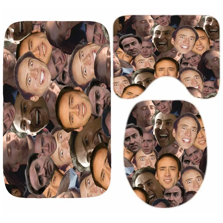 Funny Nicolas Cage Face Collage Shower Curtain Set 4PCS Waterproof Bath Curtains for Bathroom Bath Mats Rug Carpet Bathtub Decor