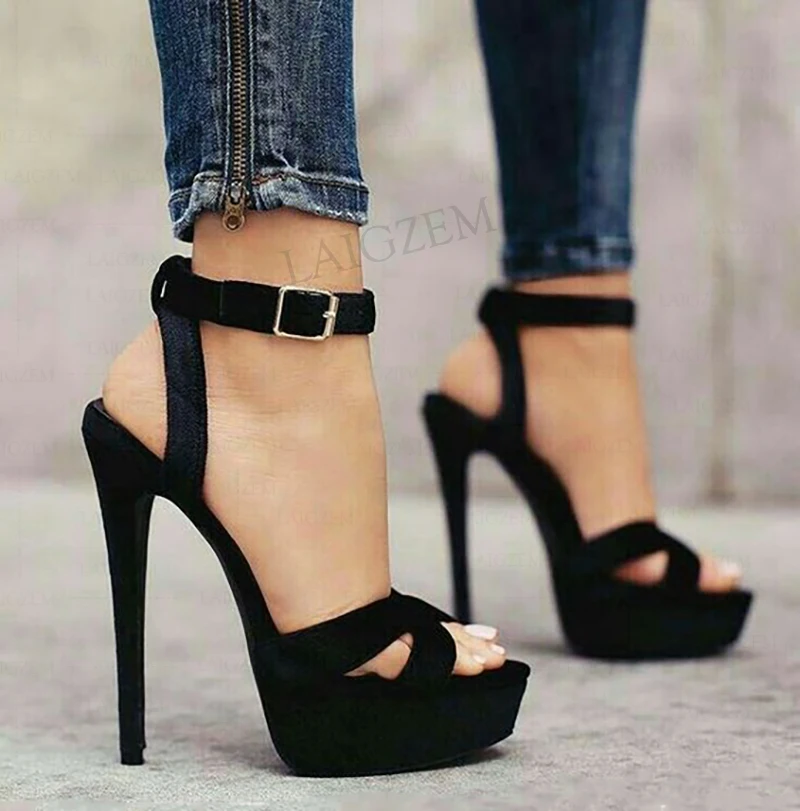 SEIIHEM SUPER Women Platform Sandals Faux Suede Ankle Straps Stiletto High Heels Pumps Party Shoes Women Plus Size 42 44 47 52