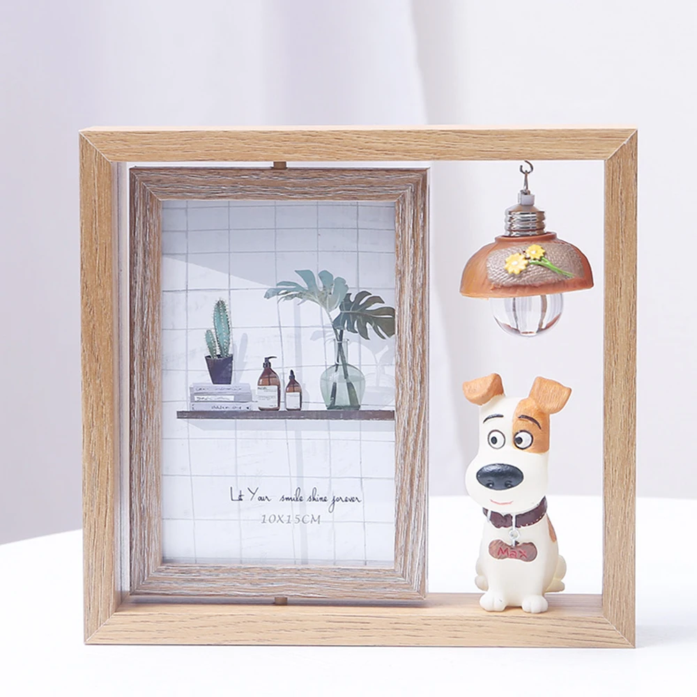 Photo frame creative Nordic photo frame set-up double-sided rotating wooden photo frame with light cartoon pig