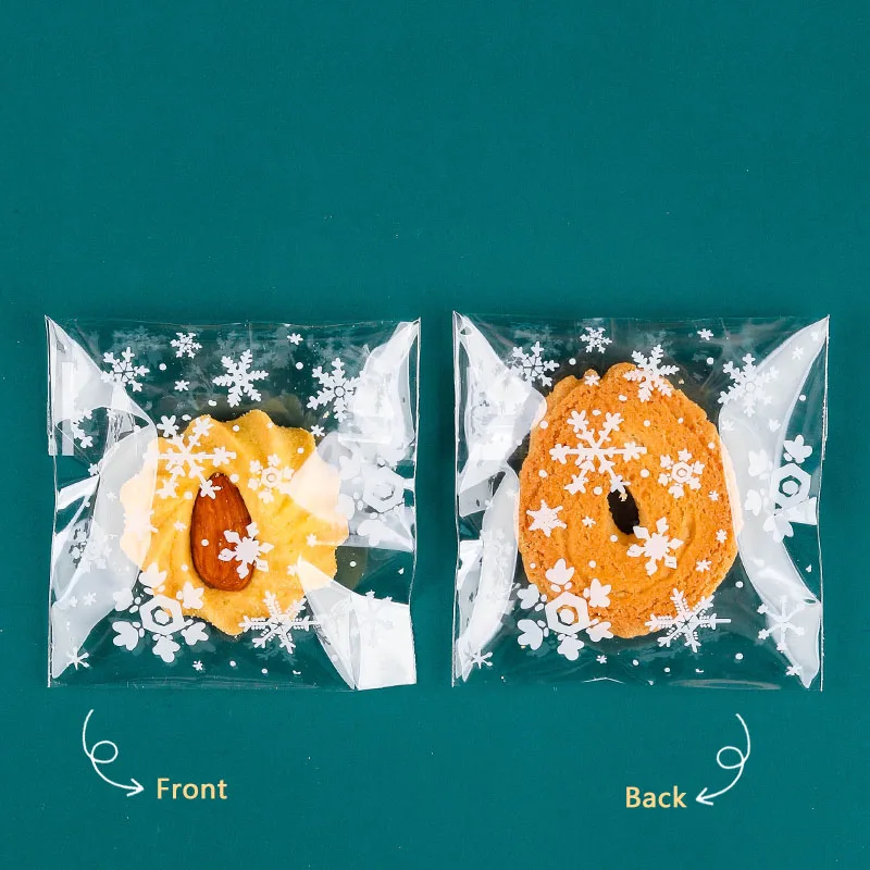 AQ 100pcs/lot Transparent White Snowflakes Falling Cookies DIY Self-Stick Packaging Bag Simple Christmas Style Party Dessert Bag